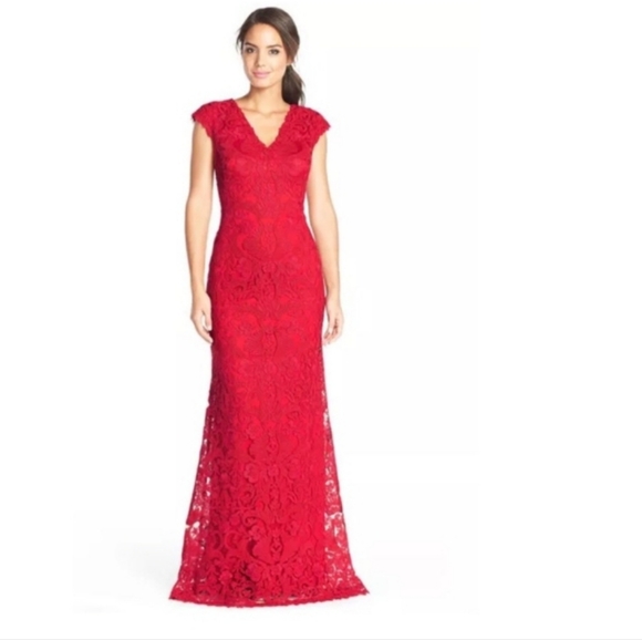 Tadashi Shoji Floral Lace Overlay A-Line Red Evening Gown 10